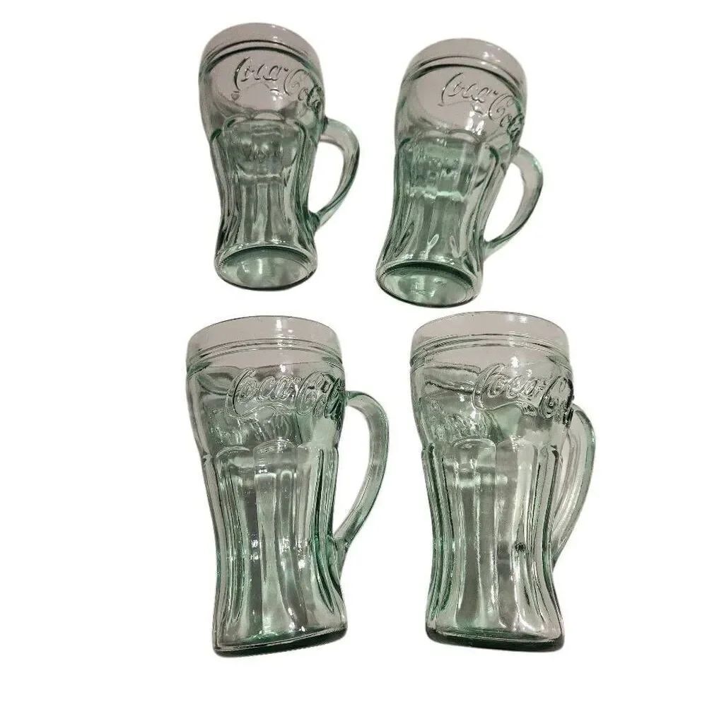 Green Tinted Coca-Cola 16 oz. Glass Mugs With Handles 6-1/2" Tall Lot Of 4